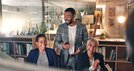 Image showing Presentation, clapping hands and business people celebrate in office for planning creative project. Collaboration, startup and group of designers with applause for teamwork success in the workplace.