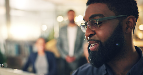 Image showing Business man, presentation and leader talking in meeting in an office for training or ideas. African person explaining strategy, planning or pitch with team, applause and celebration for success