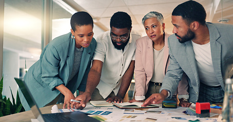 Image showing Meeting, planning and business people in the office at night for a creative project with color samples. Professional, diversity and team of designers working overtime in collaboration for deadline.