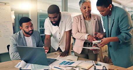 Image showing Research, night and business people planning in the office for a creative project with color samples. Paperwork, discussion and team of designers working overtime in collaboration for deadline.