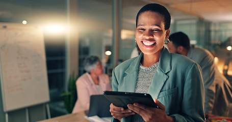 Image showing Tablet, meeting and business woman in office, working on research project, schedule and planning. Night, corporate and portrait of worker on digital tech for internet, website review and feedback