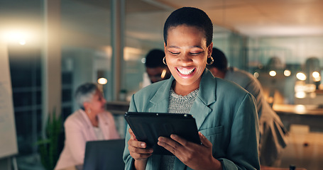 Image showing Tablet, night and business woman in office, working on research project, schedule and planning. Meeting, corporate and worker laugh on digital tech for internet, website review and social media