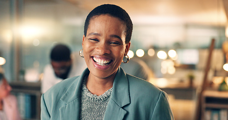 Image showing Face, business and black woman with arms a smile, meeting or career with teamwork, success or brainstorming. Portrait, African person or employee with cooperation, staff or professional with planning