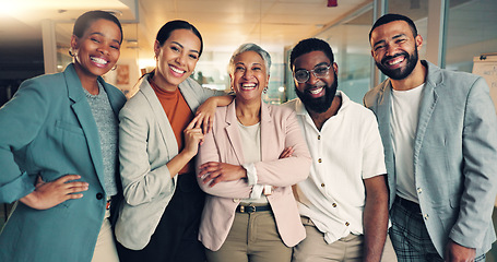 Image showing Happy, team building and portrait of business people in office for diversity and collaboration. Smile, confident and professional woman manager with group of creative designers in modern workplace.