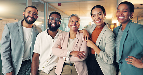 Image showing Smile, confidence and portrait of business people in office for team building or collaboration. Happy, staff and group of creative designers with senior woman manager with crossed arms in workplace.