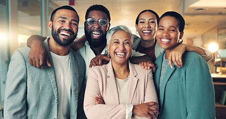 Image showing Smile, confidence and portrait of business people in office for team building or collaboration. Happy, staff and group of creative designers with senior woman manager with crossed arms in workplace.