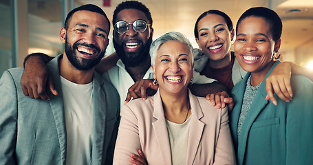 Image showing Happy, team building and portrait of business people in office for diversity and collaboration. Smile, confident and professional woman manager with group of creative designers in modern workplace.