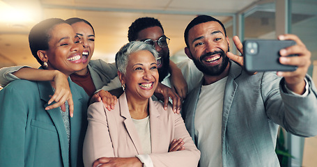 Image showing Group of business people in selfie together, diversity and smile for social media at startup. Photography, solidarity and happy office team at workshop, men and women in profile picture at workplace.