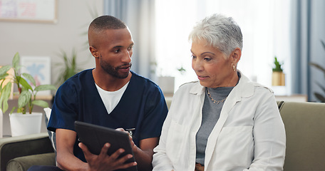 Image showing Homecare, tablet or nurse with senior woman on sofa for internet, help or checking sign up service guide for home consultation request. Digital, app and man caregiver showing patient service options