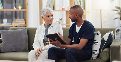 Image showing Old woman, man and tablet, caregiver with patient for healthcare and medical information or help with social media. Support, African nurse for elderly care and tech, telehealth and how to work app