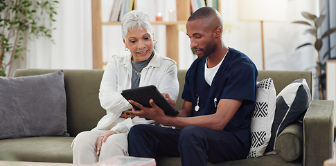 Image showing Old woman, man and tablet, caregiver with patient for healthcare and medical information or help with social media. Support, African nurse for elderly care and tech, telehealth and how to work app
