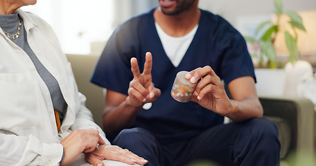 Image showing Nurse, patient and pills, instructions and help for treatment dosage, medicine and elderly care. Pharmaceutical drugs, advice and caregiver with people on sofa and supplements in container for health