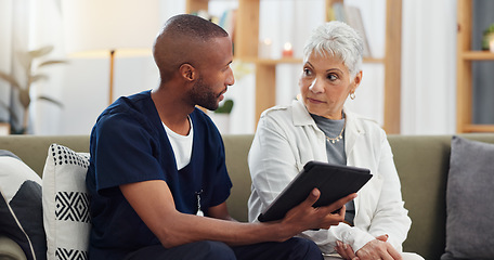 Image showing Elderly woman, man and tablet, caregiver with patient for healthcare and medical information or help with social media. Support, African nurse for senior care and tech, telehealth and how to work app