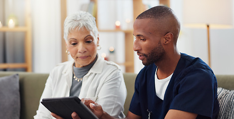 Image showing Elderly woman, man and tablet, nurse with patient for health and medical information or help with social media. Support, African caregiver for elderly care and tech, telehealth and how to work app