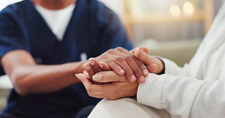 Image showing Empathy, closeup and nurse holding hands with woman for consulting with kindness, comfort or support. Sorry, understanding and health specialist with patient in consultation room, solidarity or hope