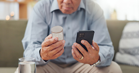 Image showing Phone, medicine and mature hands with home research, reading label and learning of telehealth services. Online person with pills bottle, tablet and mobile for safety and health benefits on the sofa