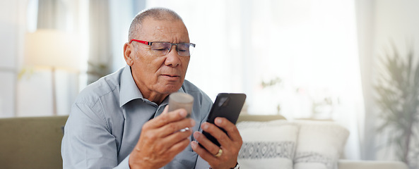 Image showing Phone, medicine and senior man with home research, reading label and learning of telehealth services. Online patient with pills bottle, tablet and mobile for information or health benefits on a sofa
