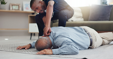 Image showing Fall, accident and senior man with nurse and emergency at home with caregiver help and support from injury. Retirement, rescue and risk of patient with vertigo on ground with healthcare professional