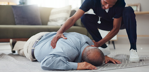 Image showing Fall, accident and senior man with nurse with heart rate check at home with caregiver and support from injury. Retirement, nurse and risk of patient faint on ground with healthcare professional