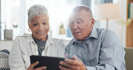 Image showing Senior, couple and tablet on sofa for online streaming, reading ebook or planning for retirement at home. Elderly people with digital technology for internet, happy with online choice and discussion