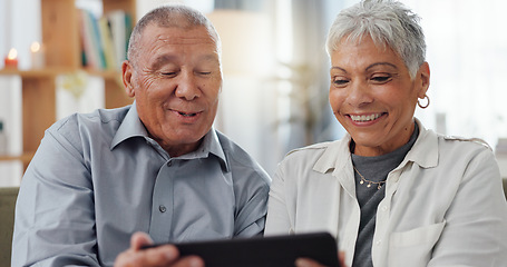 Image showing Mature, couple and tablet on sofa for online streaming, reading ebook or happy with retirement plan at home. Senior people on digital technology for pension website, online choice or talking together