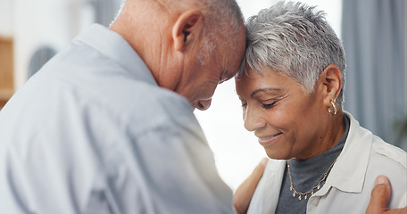 Image showing Senior couple, love and support at home with hug, care and bonding together in retirement. Relax, elderly and living room with trust, romance and marriage in a lounge with embrace in a house