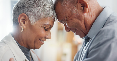 Image showing Love, hug and senior couple in their home for support, happy together and affection with laugh or smile. Elderly woman and man with eyes closed for prayer in marriage, mindfulness and romance or care