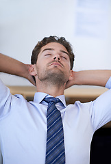 Image showing Businessman, eyes closed and calm breathing in office for stress management, relief and balance for peace while working. Man, relax and moment in workplace for wellness break for corporate work