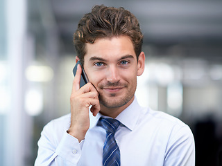 Image showing Businessman, phone call and communication in portrait, negotiation and discussion on technology. Male person, b2b and mobile app for conversation or consulting, planning and networking in office