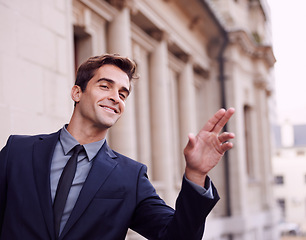 Image showing Business travel, happy man and taxi hand sign. in a city for morning commute, signal or gesture outdoor. Finger, emoji or lawyer with symbol for metro transportation, cab or bus, service or chauffeur