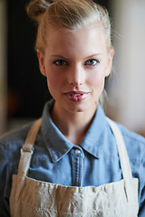 Image showing Portrait, apron and a woman waitress standing waiting for customers and small business entrepreneur. Ready to serve, caffeine coffee and clients in store with a serious face and retail service