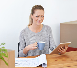 Image showing Portrait, business and woman with tablet, boxes and courier services with ecommerce and startup. Face, morning coffee and entrepreneur with technology and online reading for company website and app