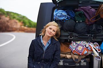 Image showing Woman, portrait and car luggage on road trip on mountain or camp holiday, vacation or explore. Female person, smile and vehicle trunk or bags for European adventure or travel, transport or journey