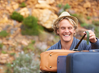 Image showing Man, luggage and car roof for travel journey on mountain path for explore camping for summer, road trip or adventure. Male person, smile and suitcase on vehicle in Italy, ratchet straps or holiday