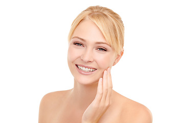 Image showing Beauty, smile and portrait of woman in studio with natural, health and skincare face routine. Wellness, happy and female model from Australia with facial dermatology treatment by white background.