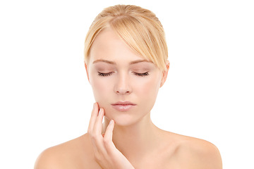 Image showing Skincare, confident and woman in studio with natural, health and wellness face routine. Cosmetic, beauty and calm young female person with facial dermatology treatment for glow by white background.