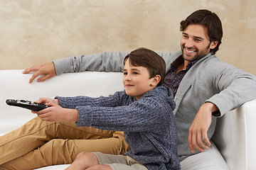 Image showing Remote, TV and father and child on sofa together for bonding, relationship and relax in living room. Family, parents and dad with young son for cartoon, watching movies and entertainment in home