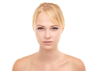 Image showing Cosmetic, skincare and portrait of woman in studio with natural, health and beauty face routine. Wellness, glow and female model from Australia with facial dermatology treatment by white background.