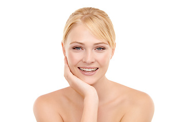 Image showing Happy, beauty and portrait of woman in studio with natural, health and wellness face routine. Smile, skincare and female model from Australia with facial dermatology treatment by white background.