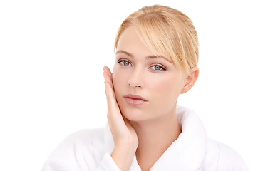 Image showing Skincare, beauty and portrait of woman in studio with natural, health and face routine. Wellness, cosmetic and female model from Australia with facial dermatology treatment by white background.