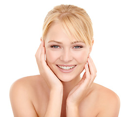 Image showing Skincare, health and portrait of woman in studio with natural, health and beauty face routine. Cosmetic, smile and female model from Australia with facial dermatology treatment by white background.