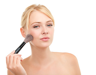 Image showing Woman, portrait and brush for face makeup in studio with happiness for cosmetics and face transformation..Model, person and smile with beauty product for cosmetology and mock up on white background