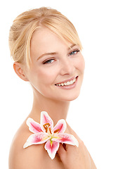Image showing Beauty, flower and portrait of woman in studio with natural, health and wellness face routine. Cosmetic, skincare and person with floral plant for facial dermatology treatment by white background.