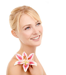 Image showing Skincare, thinking and woman with flower in studio for natural, health and wellness face routine. Cosmetic, beauty and person with floral plant for facial dermatology treatment by white background.