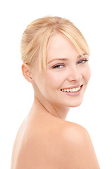 Image showing Skincare, cosmetic and portrait of woman in studio with natural, health and beauty face routine. Wellness, smile and female model from Australia with facial dermatology treatment by white background.
