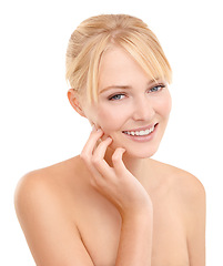 Image showing Health, beauty and portrait of woman in studio with natural, wellness and skincare face routine. Cosmetic, smile and female model from Australia with facial dermatology treatment by white background.