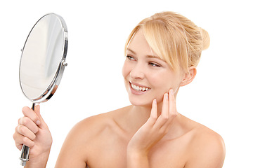 Image showing Mirror, face and woman with skin for beauty, natural glow and smile isolated on white background. Clean, skincare and vanity with admiring reflection, dermatology and wellness with cosmetic care