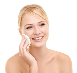 Image showing Beauty, cotton pad and portrait of woman in studio with natural, health and skincare face routine. Glow, smile and female model from Australia with facial dermatology treatment by white background.
