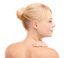 Image showing Beauty, skincare and shoulders of woman in studio for cosmetics, dermatology and wellness. Young person or model thinking of hygiene and soft skin or body care with her back and a white background