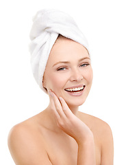 Image showing Smile, skincare and portrait of woman in studio for dermatology, beauty or natural spa treatment. Happy, female person and hand on face for wellness, cosmetics and hygiene on white background